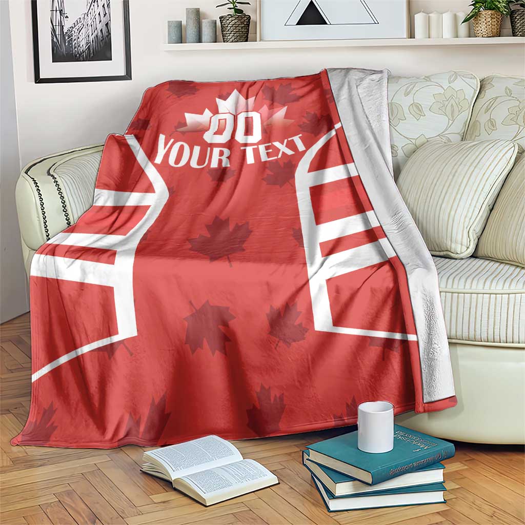 Red Canada flag-style rugby blanket with white stripe panels and “YOUR TEXT” print