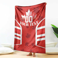 Red Canada flag-style rugby blanket displayed like a tent with “YOUR TEXT” and maple leaf