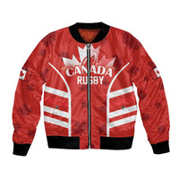 Red Canada rugby bomber jacket with zip front, black ribbed cuffs, and flag maple leaf