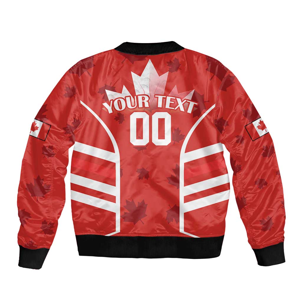 Red bomber jacket with zip front, black ribbed hem, Canada flag stripes, YOUR TEXT 00