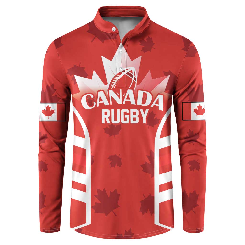 Red rugby button sweatshirt with white Canada Rugby logo and maple leaf graphics