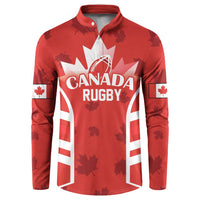 Red rugby button sweatshirt with white Canada Rugby logo and maple leaf graphics