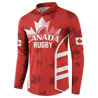 Red rugby button sweatshirt with Canada Rugby crest and white flag-style sleeve panels
