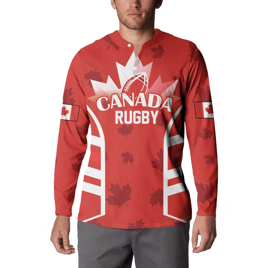 Red rugby button sweatshirt front with Canada Rugby logo and flag-style sleeve patches