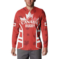 Red rugby button sweatshirt front with Canada Rugby logo and flag-style sleeve patches