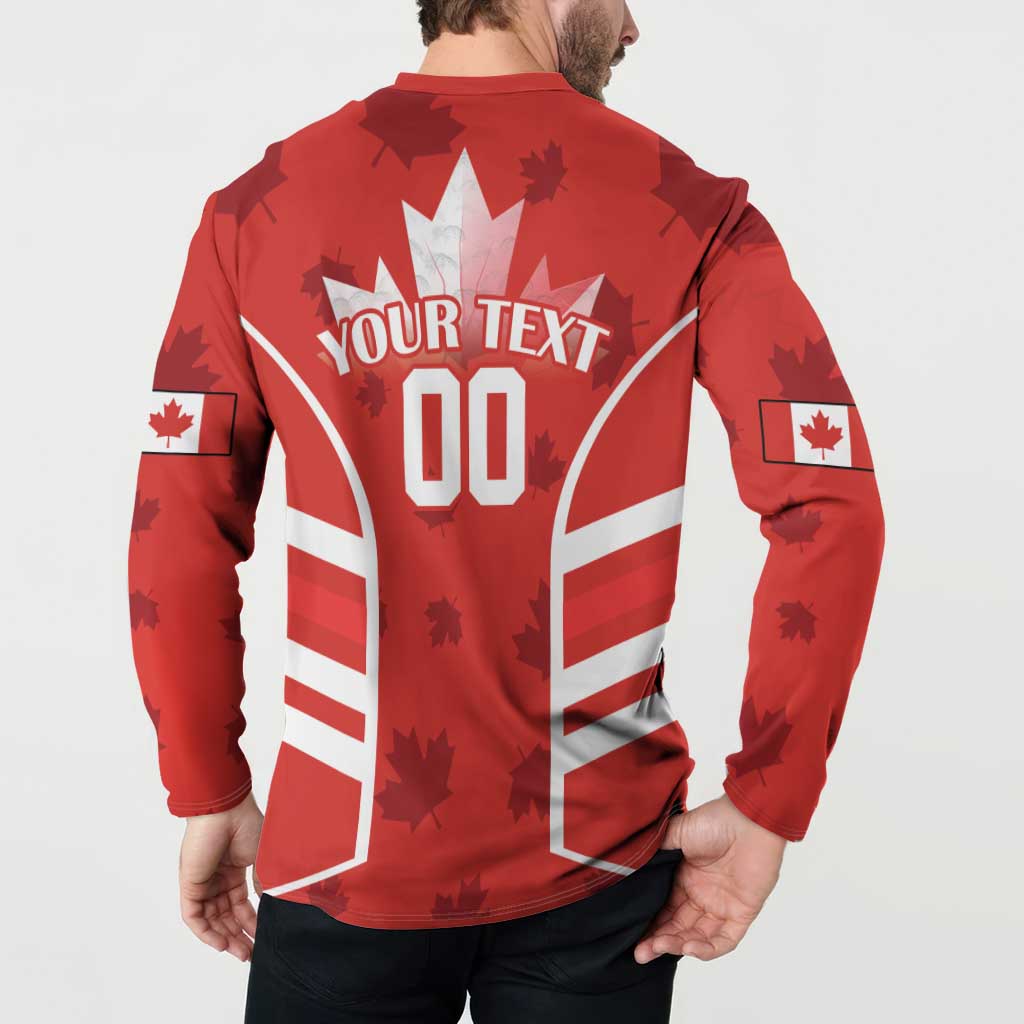 Red rugby button sweatshirt back with “YOUR TEXT 00” and white starburst maple leaf print
