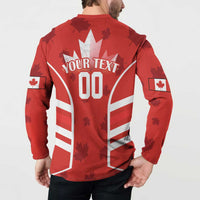 Red rugby button sweatshirt back with “YOUR TEXT 00” and white starburst maple leaf print