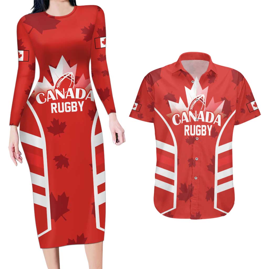 Custom Canada Rugby Couples Matching Long Sleeve Bodycon Dress and Hawaiian Shirt Canada Flag Maple Leaf - Wonder Print Shop