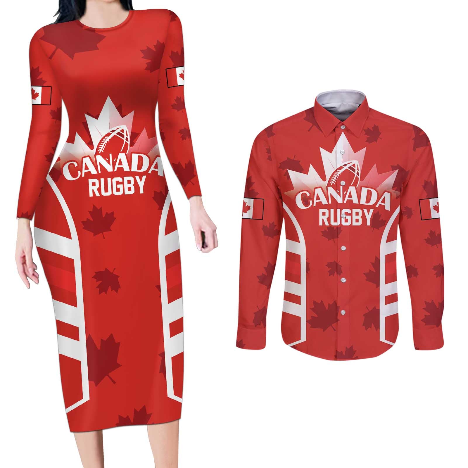 Custom Canada Rugby Couples Matching Long Sleeve Bodycon Dress and Long Sleeve Button Shirt Canada Flag Maple Leaf - Wonder Print Shop