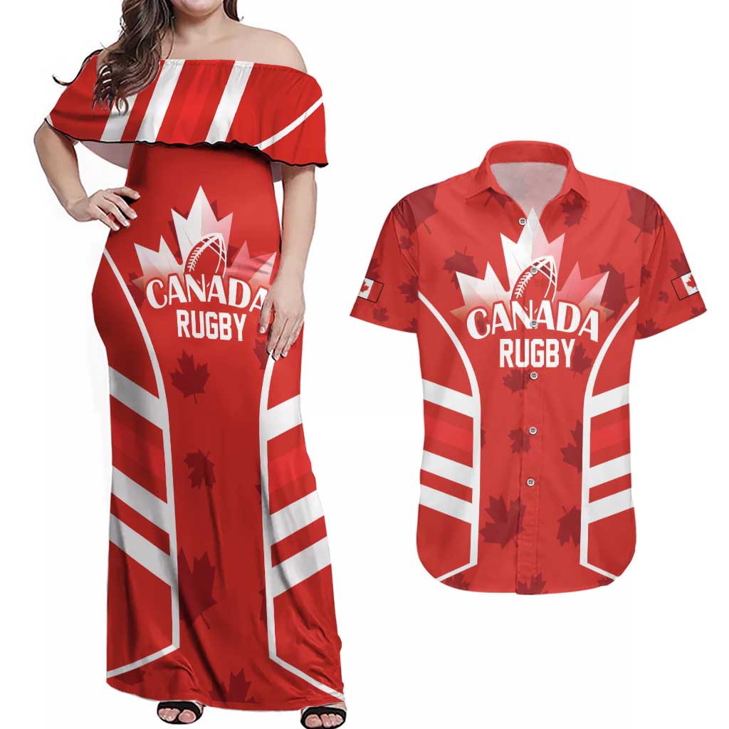 Custom Canada Rugby Couples Matching Off Shoulder Maxi Dress and Hawaiian Shirt Canada Flag Maple Leaf - Wonder Print Shop