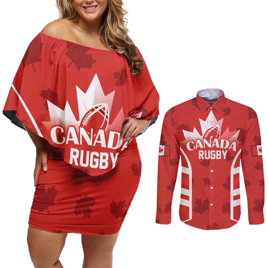 Custom Canada Rugby Couples Matching Off Shoulder Short Dress and Long Sleeve Button Shirt Canada Flag Maple Leaf - Wonder Print Shop