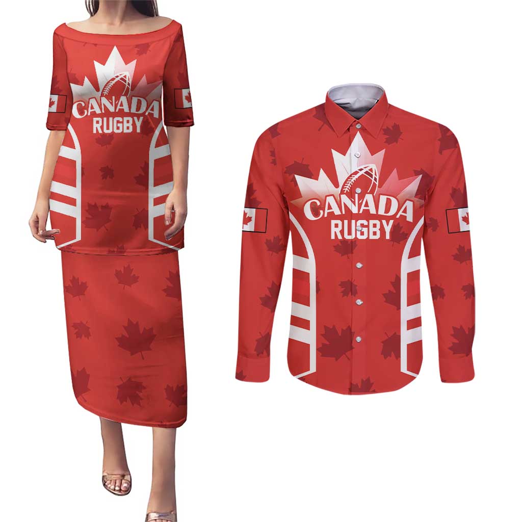 Custom Canada Rugby Couples Matching Puletasi and Long Sleeve Button Shirt Canada Flag Maple Leaf - Wonder Print Shop