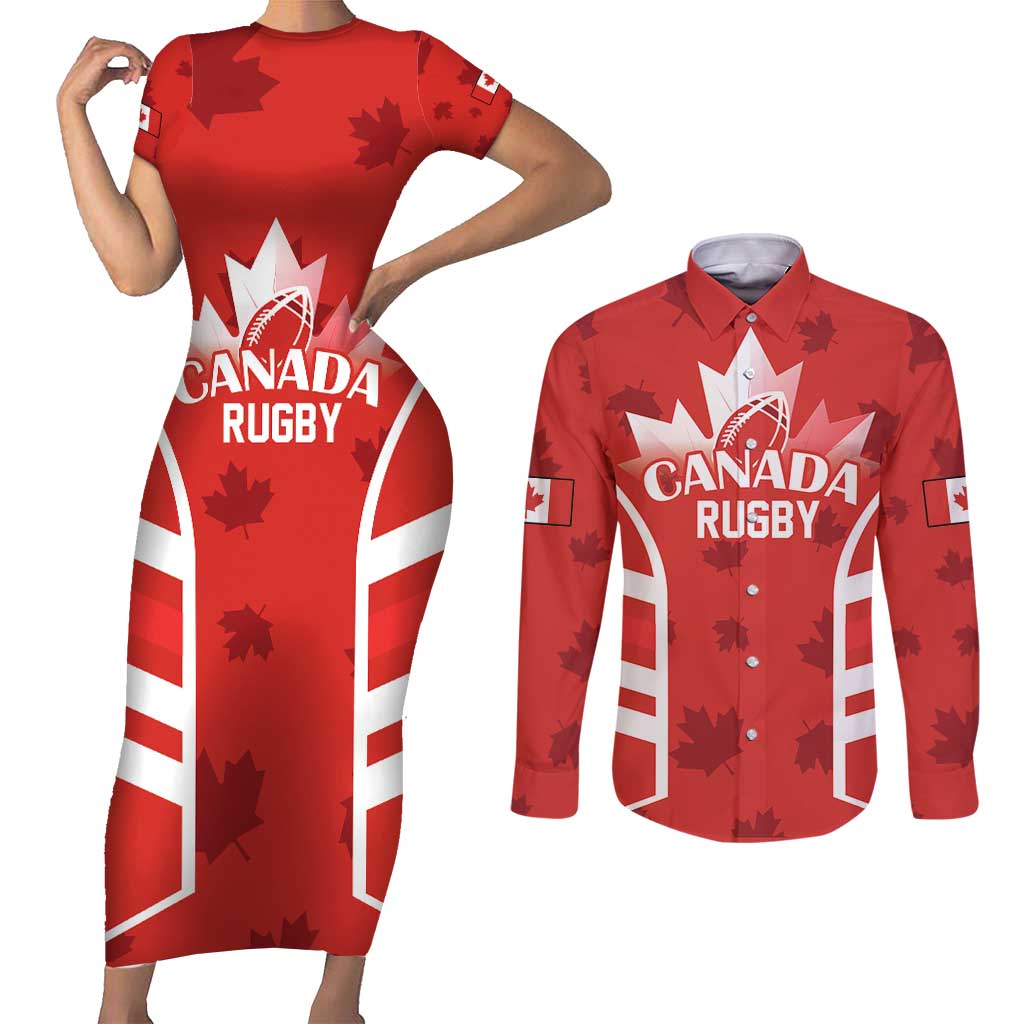 Custom Canada Rugby Couples Matching Short Sleeve Bodycon Dress and Long Sleeve Button Shirt Canada Flag Maple Leaf - Wonder Print Shop