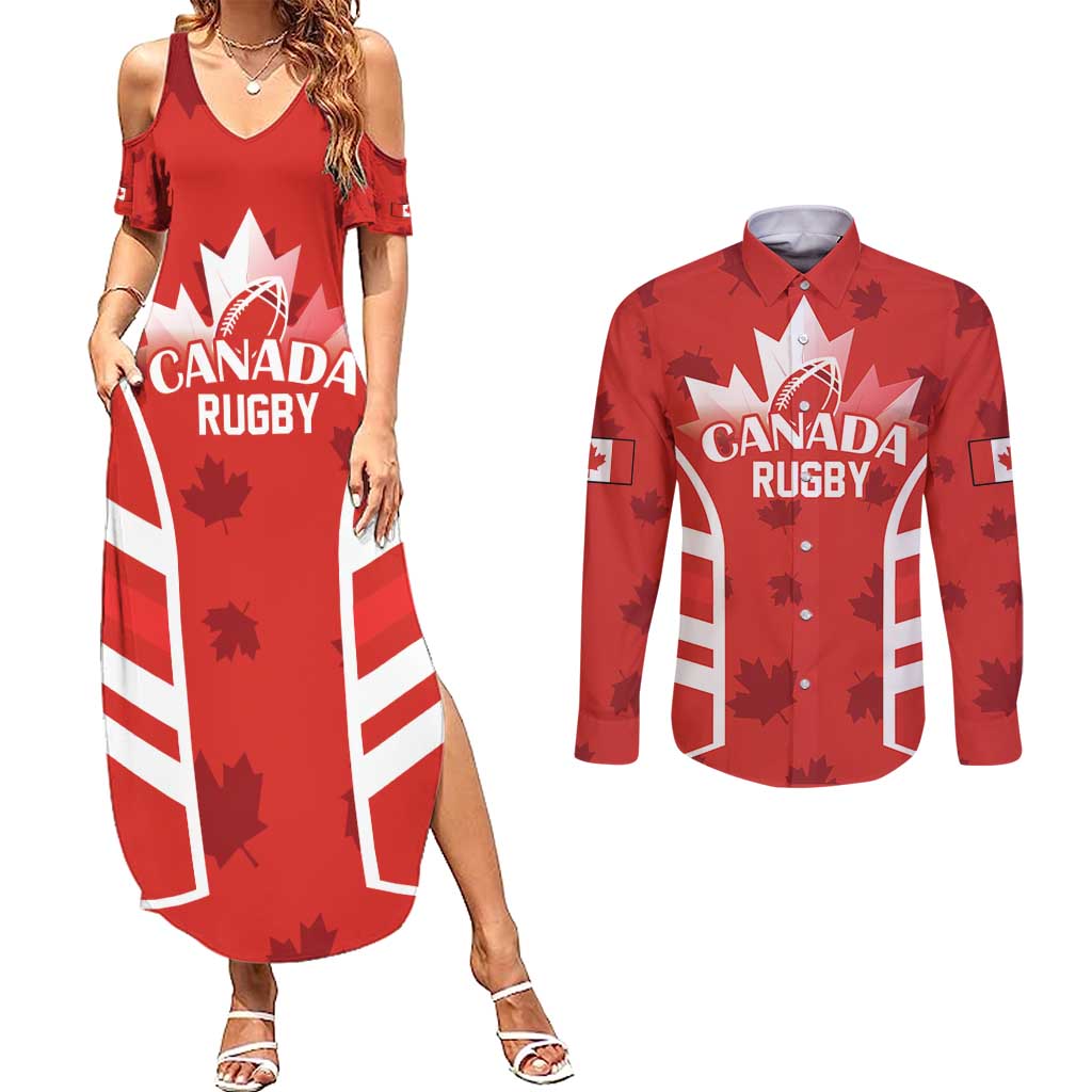 Custom Canada Rugby Couples Matching Summer Maxi Dress and Long Sleeve Button Shirt Canada Flag Maple Leaf - Wonder Print Shop