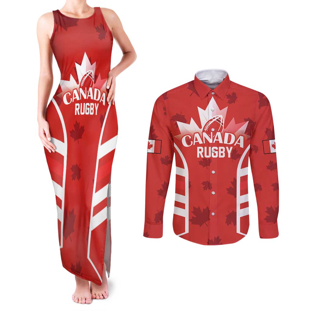 Custom Canada Rugby Couples Matching Tank Maxi Dress and Long Sleeve Button Shirt Canada Flag Maple Leaf - Wonder Print Shop