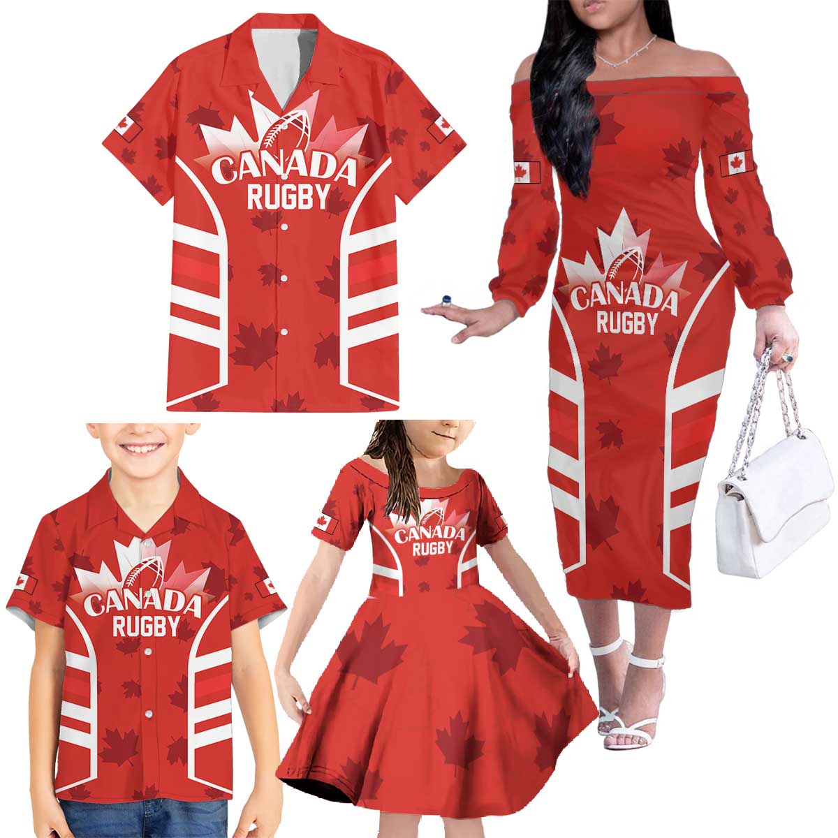 Custom Canada Rugby Family Matching Off The Shoulder Long Sleeve Dress and Hawaiian Shirt Canada Flag Maple Leaf - Wonder Print Shop