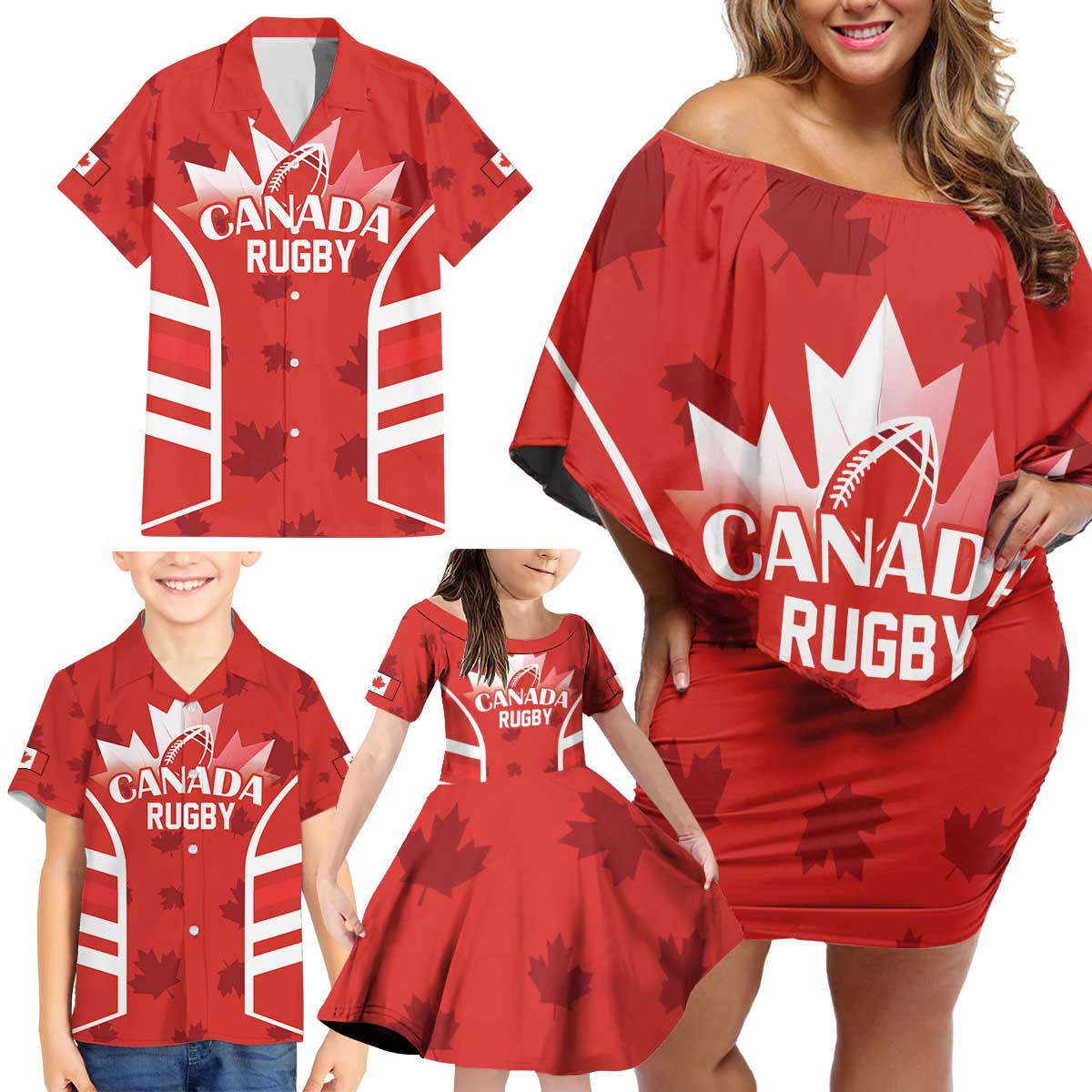 Custom Canada Rugby Family Matching Off Shoulder Short Dress and Hawaiian Shirt Canada Flag Maple Leaf - Wonder Print Shop