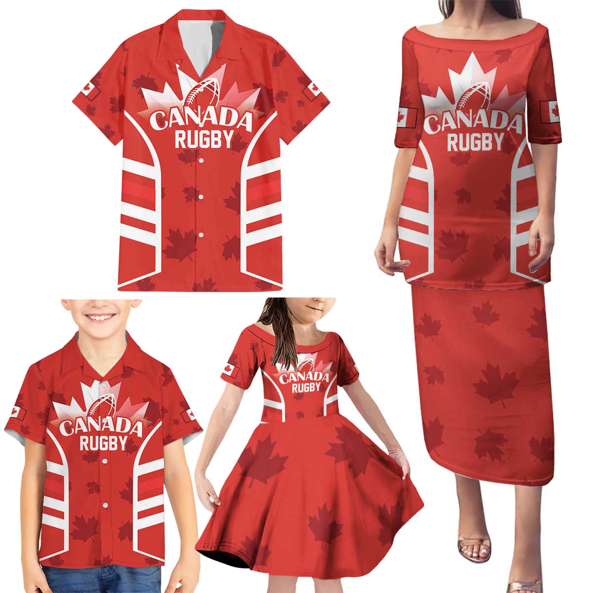 Custom Canada Rugby Family Matching Puletasi and Hawaiian Shirt Canada Flag Maple Leaf - Wonder Print Shop