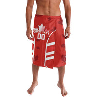 Red board shorts with Canada flag graphic, maple leaf print, drawstring waistband
