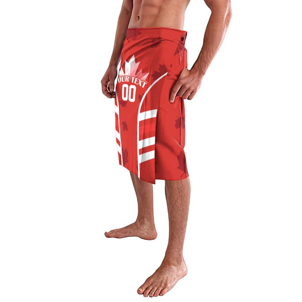 Red board shorts with large Canada flag graphic and maple leaf accents, knee length