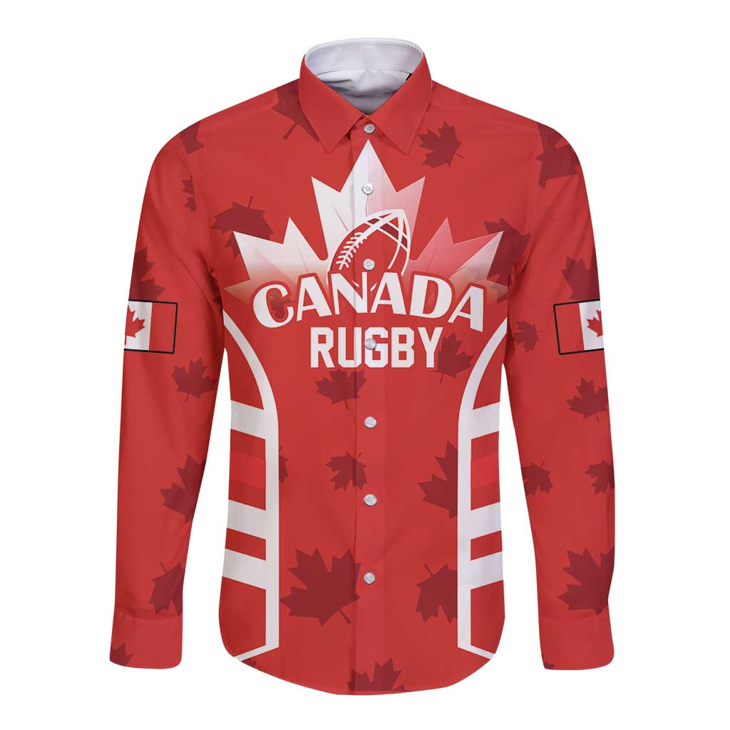 Red long-sleeve rugby button shirt with Canada text, maple leaf and flag graphics