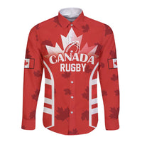Red long-sleeve rugby button shirt with Canada text, maple leaf and flag graphics