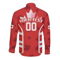 Red long-sleeve rugby button shirt, back graphic with “YOUR TEXT 00” and maple leaves