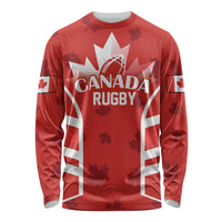 Red long-sleeve rugby shirt with Canada flag, maple leaf graphic, Canada Rugby print