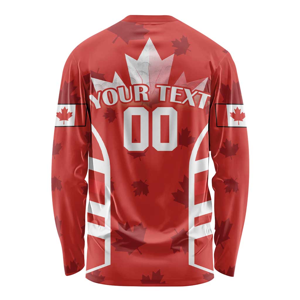 Red long-sleeve rugby shirt back with Canada flag panels and "YOUR TEXT 00" print