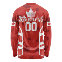 Red long-sleeve rugby shirt back with Canada flag panels and "YOUR TEXT 00" print