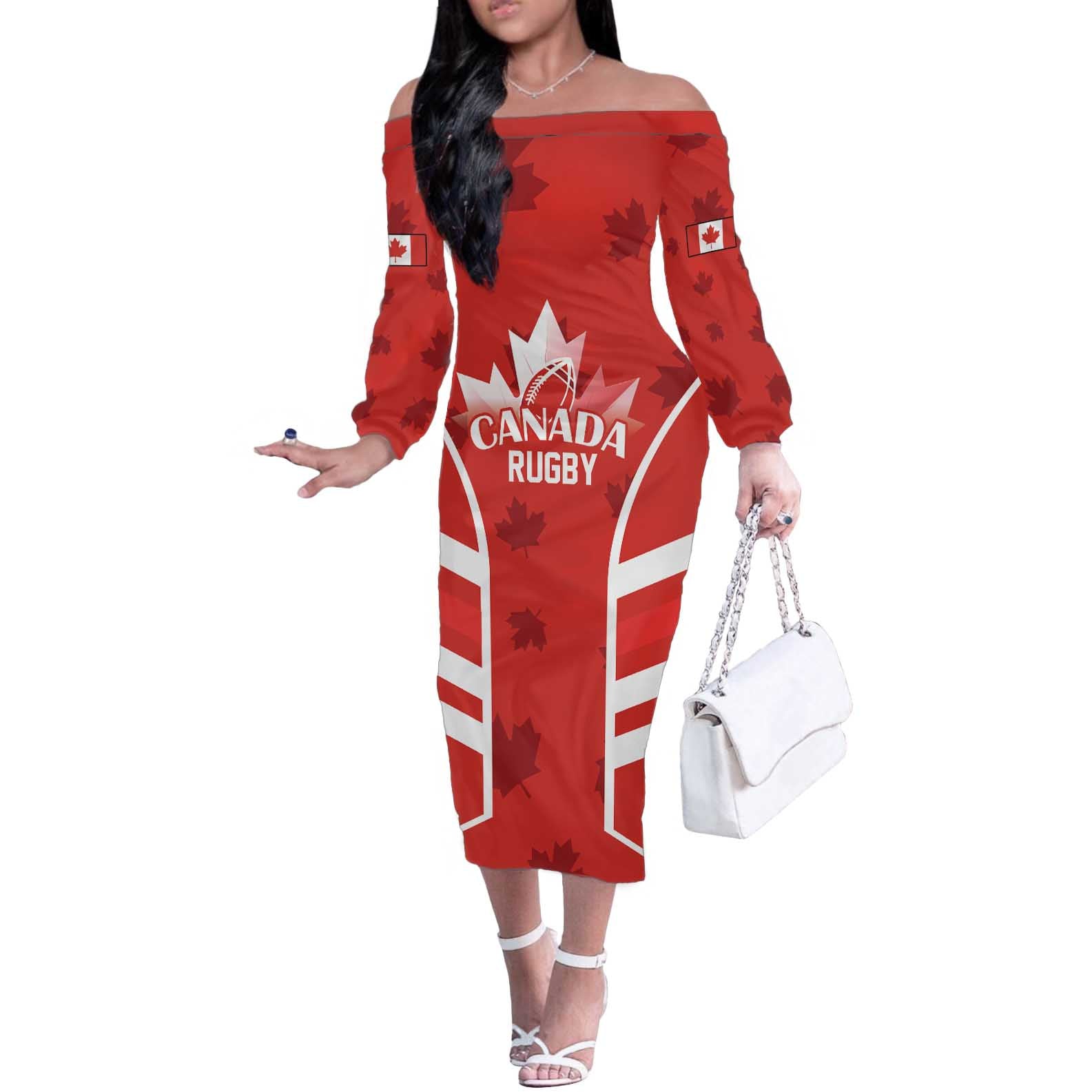 Custom Canada Rugby Off The Shoulder Long Sleeve Dress Canada Flag Maple Leaf - Wonder Print Shop