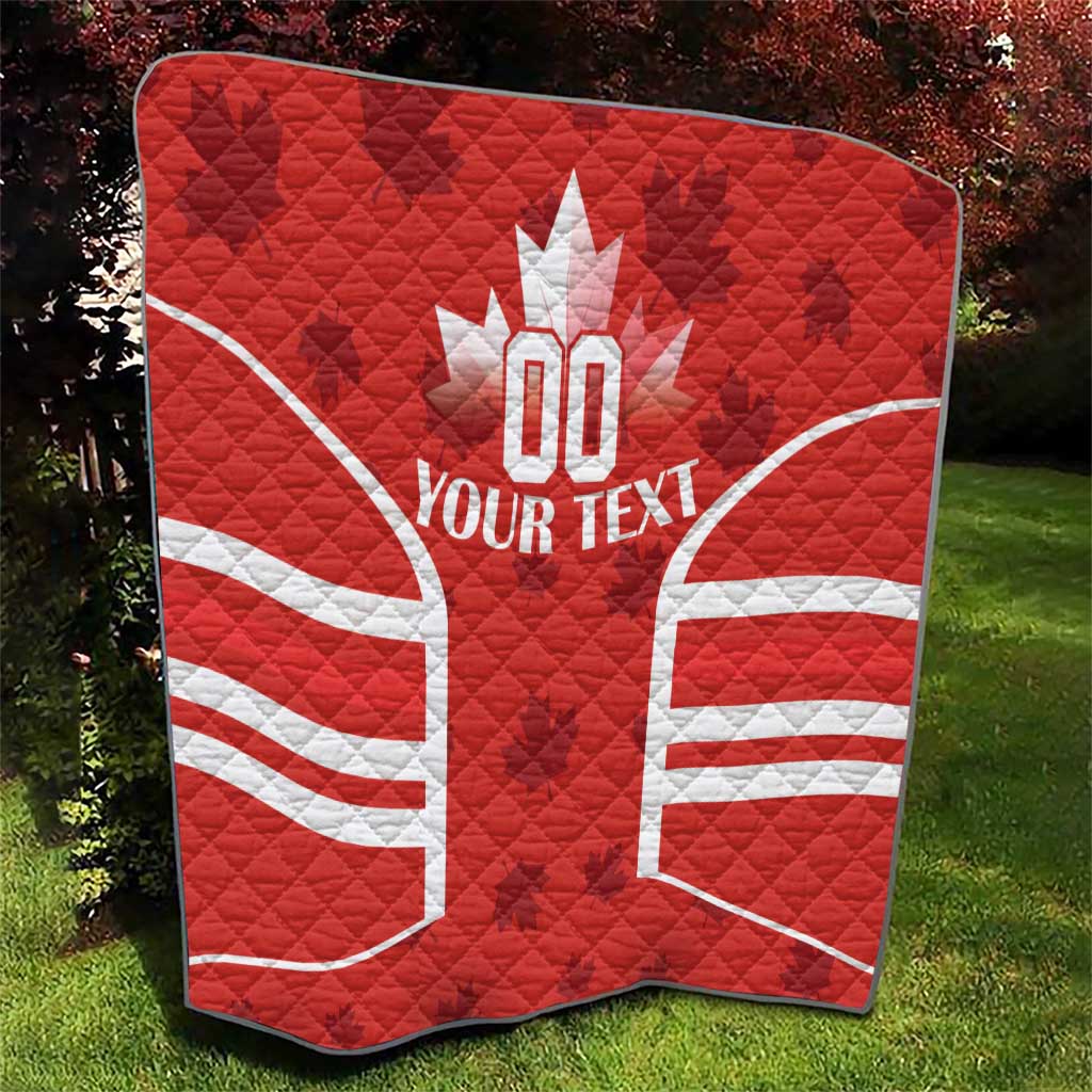 Red Canada rugby quilt blanket on grass with white maple leaf and YOUR TEXT