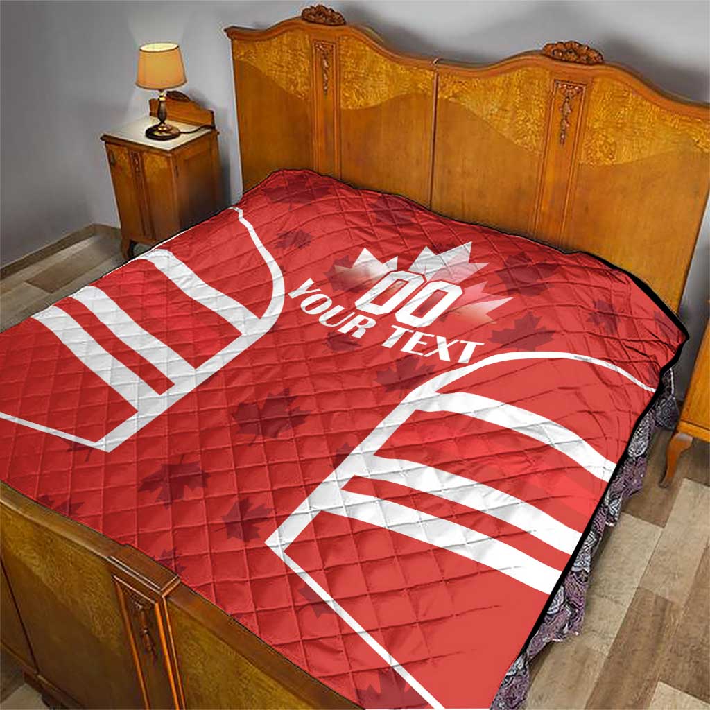 Red Canada rugby quilt blanket on bed with white maple leaf and YOUR TEXT