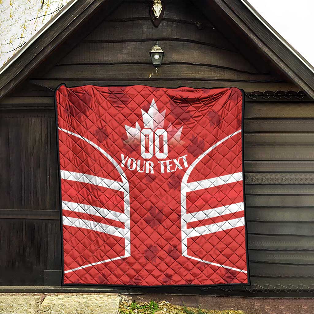 Red Canada rugby quilt blanket on barn door with white maple leaf and YOUR TEXT