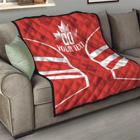 Red Canada rugby quilt blanket on sofa with white maple leaf and YOUR TEXT