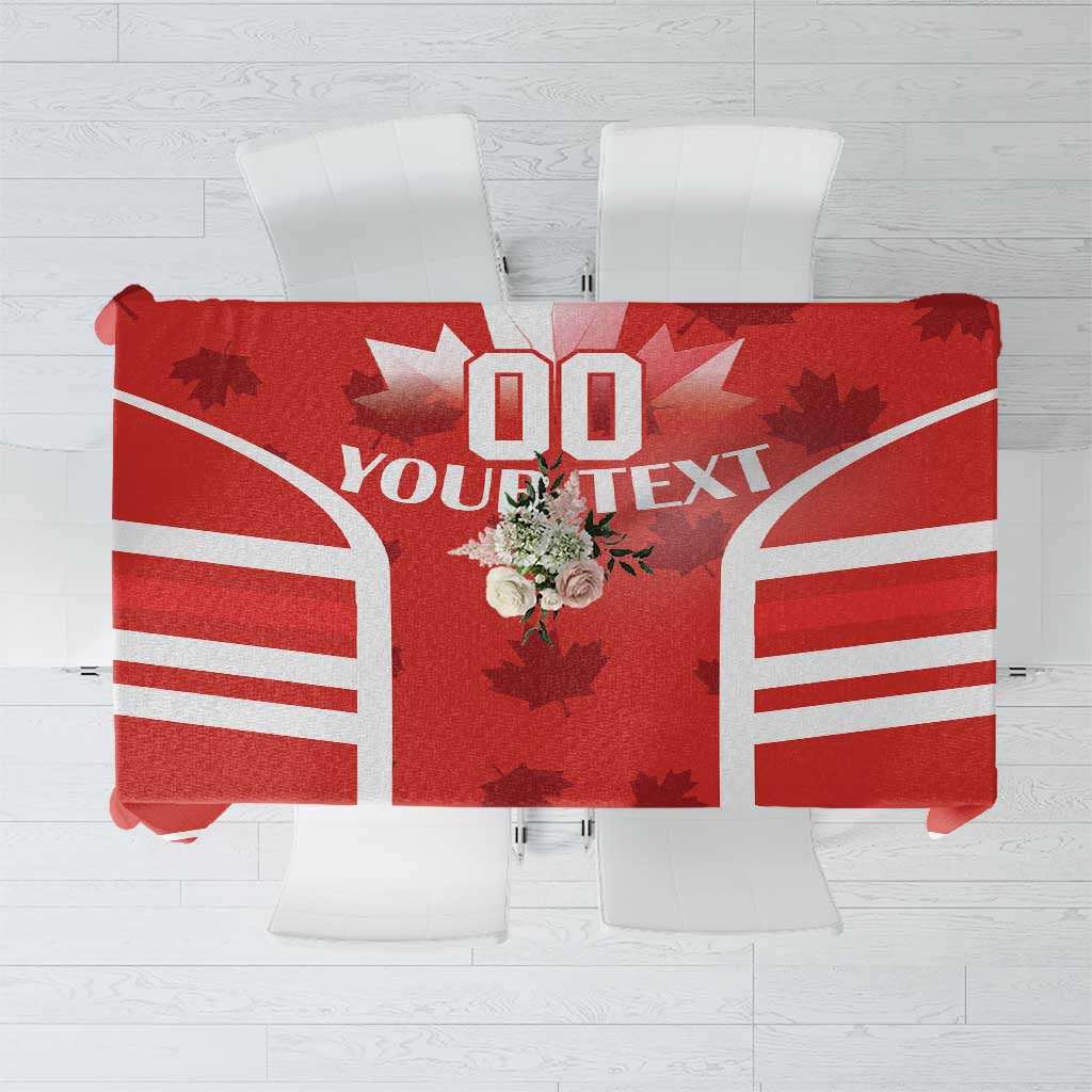 Red Canada flag tablecloth with GO YOU TEX text and central maple leaf artwork