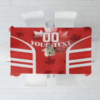 Red Canada flag tablecloth with GO YOU TEX text and central maple leaf artwork
