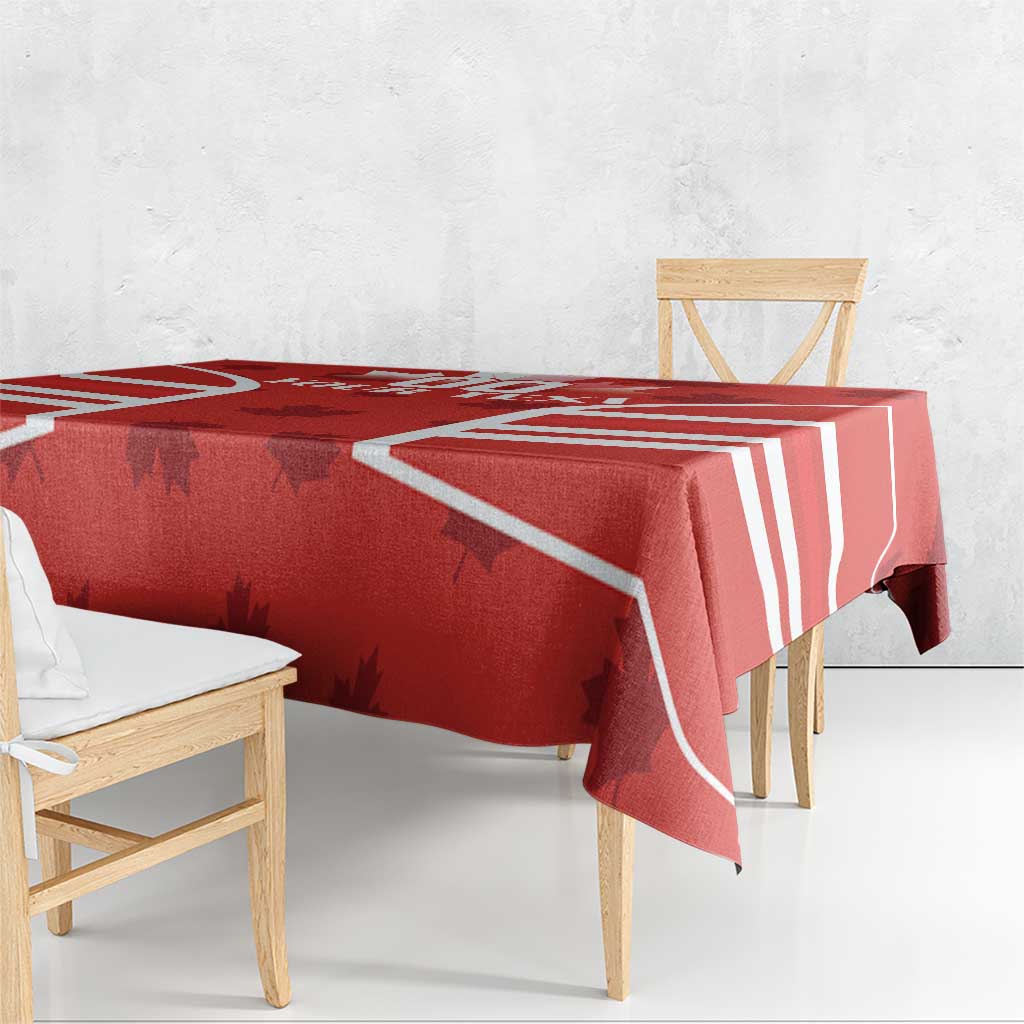 Red Canada flag tablecloth with white stripe pattern and maple leaf graphic
