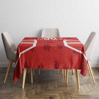 Red Canada flag tablecloth featuring white stripe borders and maple leaf emblem