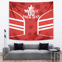 Red Canadian flag wall tapestry with maple leaf motif, white arch lines, and custom text area