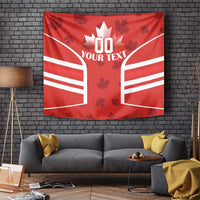 Red Canadian flag wall tapestry with central maple leaf and white tree-shaped graphic, custom text area