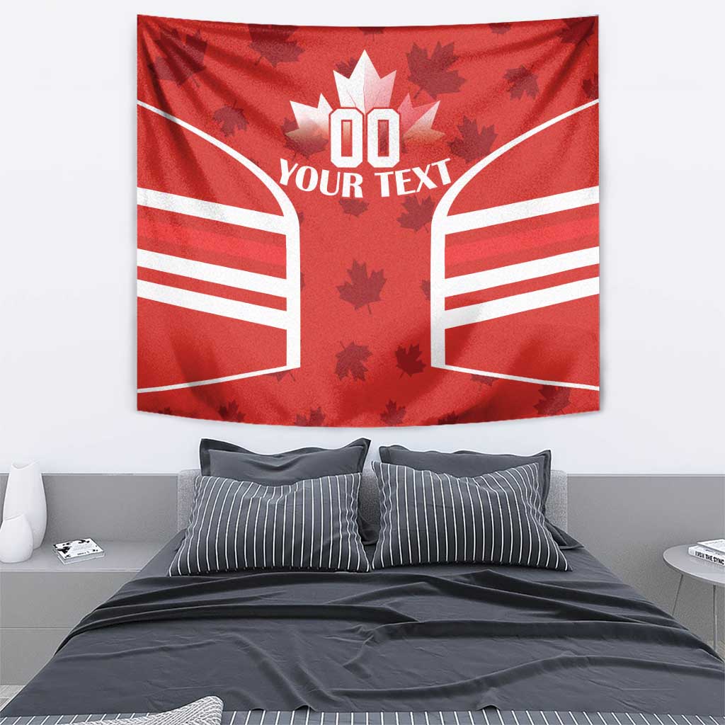 Red Canadian flag wall tapestry with white arching lines, maple leaf centerpiece, and custom text area