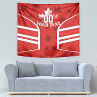 Red Canadian flag wall tapestry featuring maple leaf center with white arches and custom text area
