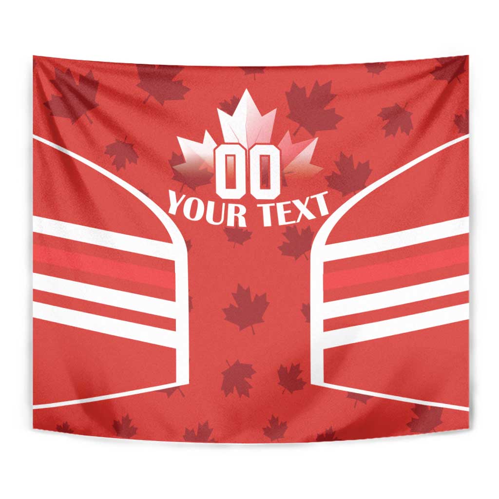 Red Canadian flag wall tapestry with maple leaf and white arch graphic, full view with custom text area