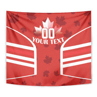 Red Canadian flag wall tapestry with maple leaf and white arch graphic, full view with custom text area