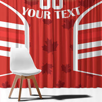 Red Canada flag window curtain fabric with white maple leaf and custom text detail