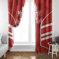 Red Canada flag window curtain panels with white maple leaf and custom text, partial view