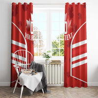 Red Canada flag window curtains with white maple leaf, stripes, and custom text, two panels