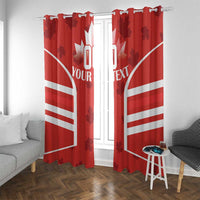 Red Canada flag window curtain set with white maple leaf and custom text, top grommets