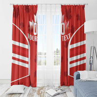 Red Canada flag window curtain panels with white maple leaf and custom text, on rod